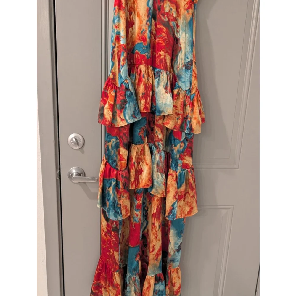 Women's NOVALUXE Small Red Blue Abstract Tiered Ruffle Maxi Dress - Picture 10 of 14